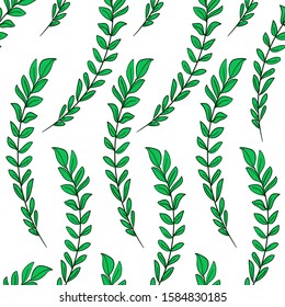 Green leaves on a white background print for textile. The drawn branches with leaves are a beautiful illustration for the fabric. Design ornament pattern seamless.