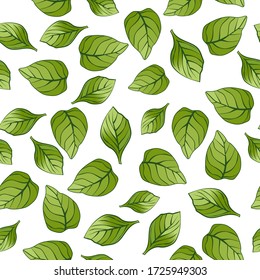 Green leaves on a white background. This background is for wrapping paper, fabric, fabric, cards, invitations, wallpapers, web design. Vector illustration.