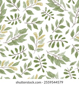 Green leaves on white background, botanical illustration. Seamless floral pattern-526.