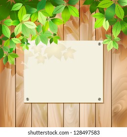 Green leaves on a wood texture. Vector spring or summer environmental background with tree branches, sunlight coming through the leaves, drop shadow on a wall, wooden textured fence, blank sign board