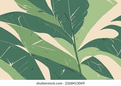 Green leaves on yellow background, seamless pattern, flat vector