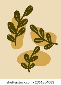 Green leaves on yellow geometric pattern on Pastel yellow background illustrations, vector for art print, template, wall decor, designs