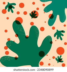 Green leaves and orange cycle on orange background, Retro 80's vector elements collection. Distort forms with patterns, risograph textures for fabric designs, SHOTLISTretro.