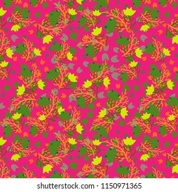 green leaves, orange and pink flowers in a layered repeating beautiful pattern for textile, fabric and background surface designs. pattern swatch available at eps. 