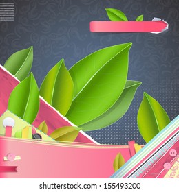 Green leaves over cute background. Vector design