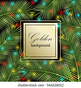 Green leaves of palm trees with bright colored lights. Tropical card for your design. Vector illustration.