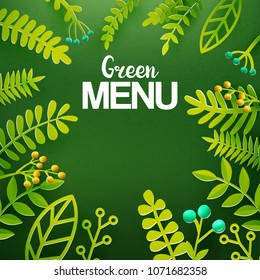 Green leaves paper art cut out objects on chalkboard. Textured background. Vector illustration. Season and eco friendly food idea.