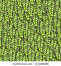 Green leaves pattern allover floral background. Fresh wallpaper print allover green leaves duo tone color. Hand graphic jungle paradise.