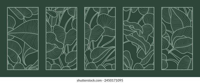 Vector de fondo de patrón de hojas verdes. Corte por láser con diseño de línea. Diseño para tallado en madera, decoración de paneles de pared, corte de metales, artes de pared, fondo de cubierta y Fondo de pantalla. 