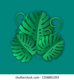 Green leaves pattern for nature concept of paper art ,tropical monstera leaf textured background,vector or illustration style