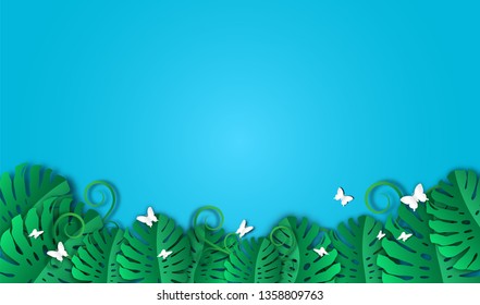 Green leaves pattern for nature concept of paper art ,tropical monstera leaf textured background,vector or illustration style