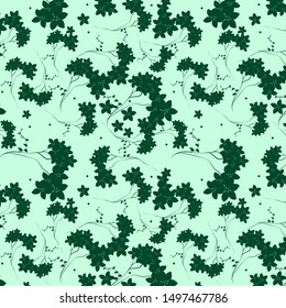 Green leaves pattern on green background. Vector graphics.