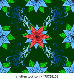 green leaves pattern on a blue background. floral seamless with dark blue foliage translucent on a blue. Red and blue flowers.