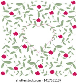 Green leaves and pink flowers arranged around a heart-shaped background. Vector illustration. For cards, invitations, blogs, natural cosmetics and products. Ecology and love. White background