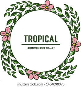 Green leaves and pink tropical flower frame, place for your text. Vector