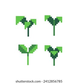 Green leaves pixel art icon, leaf eco plant logo. Isolated vector illustration. Game assets 8-bit sprite. Design for stickers, print, web, t-shirt, stickers, logo, mobile app. 
