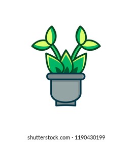 Green leaves and pot in flat style isolated on white background.