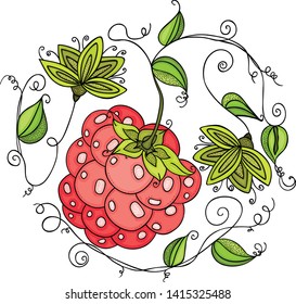 Green leaves and raspberry shaped heart