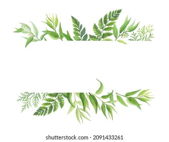 Green leaves rectangular frame template. Floral border with place for text. Forest herbs design. Vector illustration.