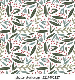 Green Leaves and Red Berries Winter Christmas Seamless Pattern Background