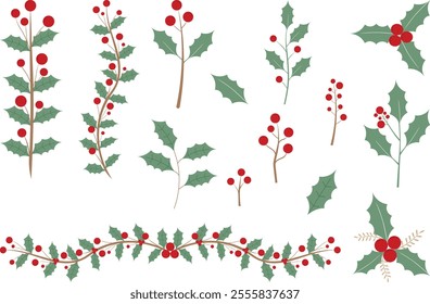 Green Leaves And Red Cherries Set For Christmas Wreath Decoration