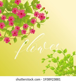 Green leaves and red flowers background, poster template