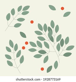 Ilustración vectorial de las hojas verdes y de los frutos rojos.