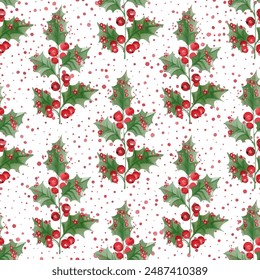 Green leaves red holly berry mistletoe ilex vector seamless pattern, Christmas wrapping paper print design.