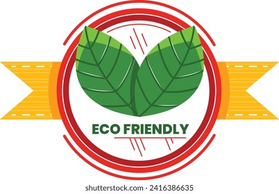Green leaves and road inside circular eco-friendly badge design. Sustainability and environment friendly emblem with nature elements.