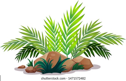 Green leaves and rocks on white background illustration