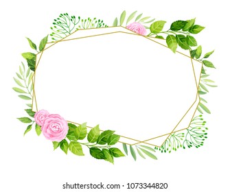 Green leaves and rose flowers geometric frame template. Floral background. Vector illustration.