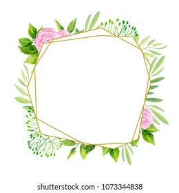 Green leaves and rose flowers geometric frame template. Floral background. Vector illustration.