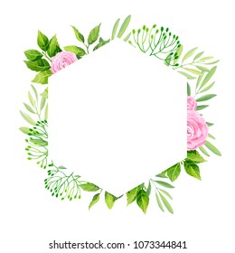 Green leaves and rose flowers geometric frame template. Floral background. Vector illustration.