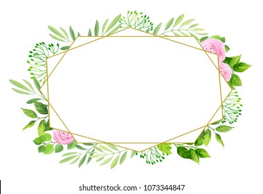Green leaves and rose flowers geometric frame template. Floral background. Vector illustration.