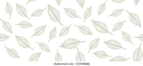 Green leaves seamless background on white background. Vector illustration.