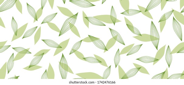 Green leaves seamless background on white background. Vector illustration.