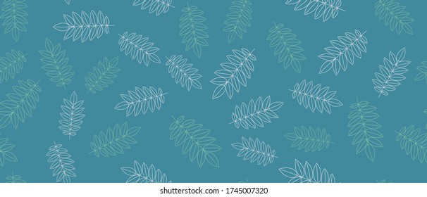Green leaves seamless background on blue background. Vector illustration.