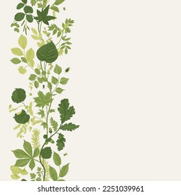 Green leaves. Seamless border. Vector vintage illustration. 