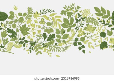 Hojas verdes. Borde horizontal sin inconvenientes. Ilustración vectorial. 
