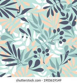 Green leaves seamless pattern background. Hand draw texture. Vector packaging design template for cosmetics, beauty products, organic and healthy food with leaves and flowers - modern ornaments