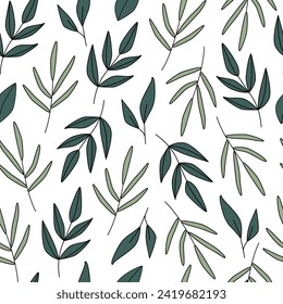 Green leaves seamless pattern. Botanical branches, stems. Retro vintage style. Boho eco greenery. Background, backdrop, wrapping paper.