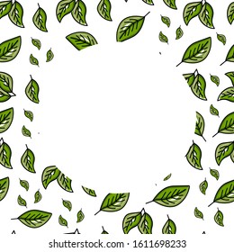 Green leaves seamless pattern with copy space in the shape of a circle. Vector illustration.