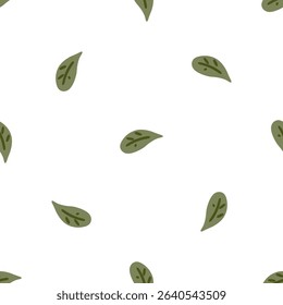 Green Leaves Seamless Pattern Design. Simple green leaves seamless pattern with scattered flat cartoon leaves. Flat style, isolated on white background.