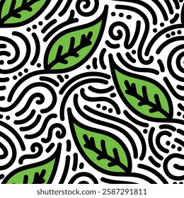 Green leaves seamless pattern with doodle