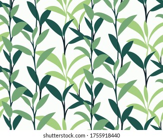 Green leaves seamless pattern. Foliage of plants on a white background. Fresh graphic design. Template for Botanical Wallpaper, wrapping paper, prints, fabric... Vector illustration.
