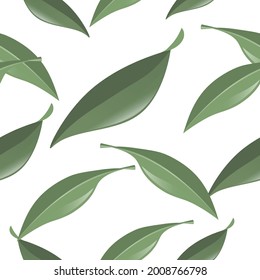 Green leaves seamless pattern. Fresh green leaves texture on white background. Vector seamless pattern for wallpaper, wrapping paper, card, poster or banner template. Can be used for print or website