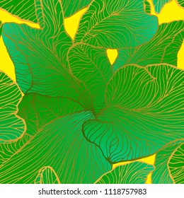 Green leaves seamless pattern on yellow background. Vector color line-art illustration.