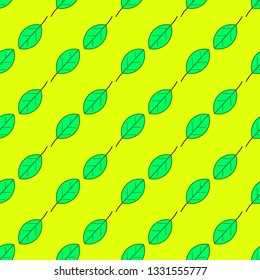 Green leaves seamless pattern on the yellow background
