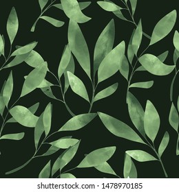 Green leaves seamless pattern on black background,illustration vector by freehand drawn, botanical art by watercolor technique,for textile prints or celebrated card or banner background
