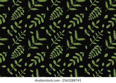 Green leaves seamless pattern. Green leaves on black illustration. Botanic background. Green branches pattern. Floral green and black background.